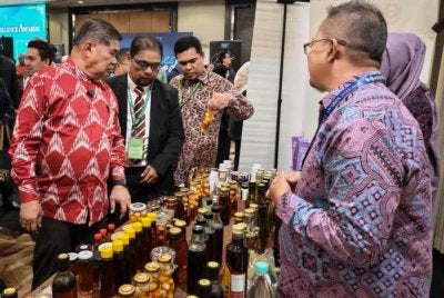 Mohamad (kiri) melihat produk yang dipamerkan sempena majlis Anugerah Kecemerlangan Agro Madani dengan diiringi Fazrul Nizam (dua dari kiri). Foto MySKALA
