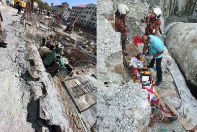 Lori yang dipandu mangsa dipercayai hilang kawalan lalu terbalik di tapak pembinaan berhampiran Hospital Pulau Pinang, George Town pada Jumaat. Foto JBPM Pulau Pinang