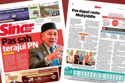 Laporan muka depan Sinar Harian pada Jumaat mengenai Pas mengesahkan akan menerajui PN.