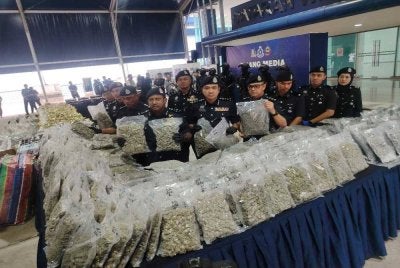 Hussein (tengah) menunjukkan dadah bunga ganja yang dirampas polis baru-baru ini.