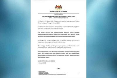 Kenyataan KDN yang meminta orang ramai tidak mengadakan sebarang perhimpunan di tempat awam sepanjang tempoh lawatan rasmi Perdana Menteri India, Narendra Modi ke Malaysia selama dua hari bermula esok.