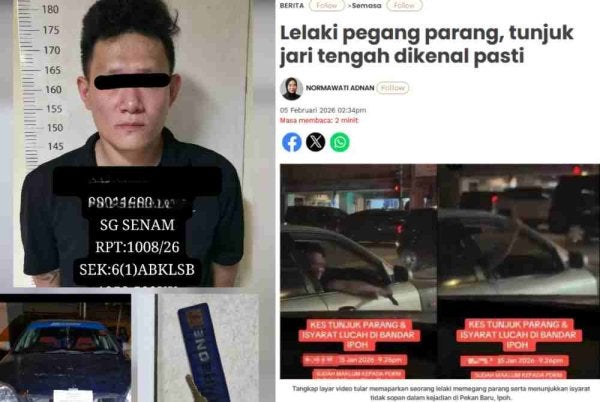 Lelaki yang tular dalam sebuah video memegang parang serta menunjukkan isyarat jari tengah kepada pengguna jalan raya di bandar raya ini berjaya ditangkap polis pada Khamis.