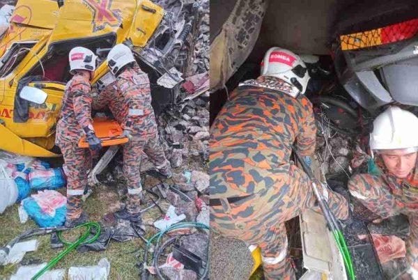 Anggota bomba menjalankan kerja-kerja penyelamatan menggunakan peralatan khas bagi mengeluarkan mangsa yang tersepit. Foto: Bomba Perak