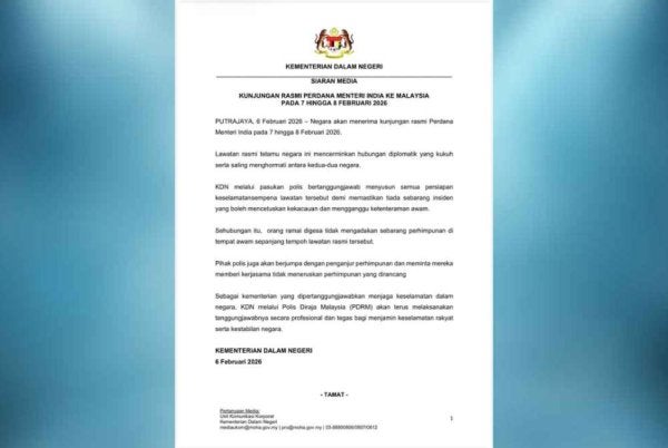 Kenyataan KDN yang meminta orang ramai tidak mengadakan sebarang perhimpunan di tempat awam sepanjang tempoh lawatan rasmi Perdana Menteri India, Narendra Modi ke Malaysia selama dua hari bermula esok.
