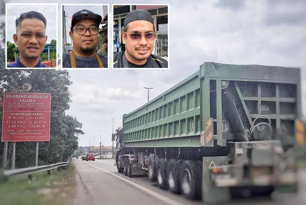 Papan tanda larangan kenderaan berat yang diletakkan di laluan Bypass sebelum susur masuk ke Jalan Permatang Badak. Gambar kecil dari kiri: Nizam, Amir Azwan dan Mohd Hafiz