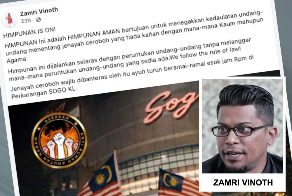 Hantaran Facebook dibuat Zamri Vinoth berkaitan status himpunan.