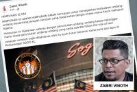 Hantaran Facebook dibuat Zamri Vinoth berkaitan status himpunan.