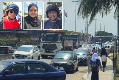 Kehadiran lori tanah ketika waktu puncak menambah kesesakan di Jalan Meru Tambahan. Gambar kecil dari kiri: Nordin, Ayu Izuaney dan Mohamad Yusof