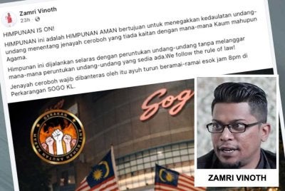 Hantaran Facebook dibuat Zamri Vinoth berkaitan status himpunan.