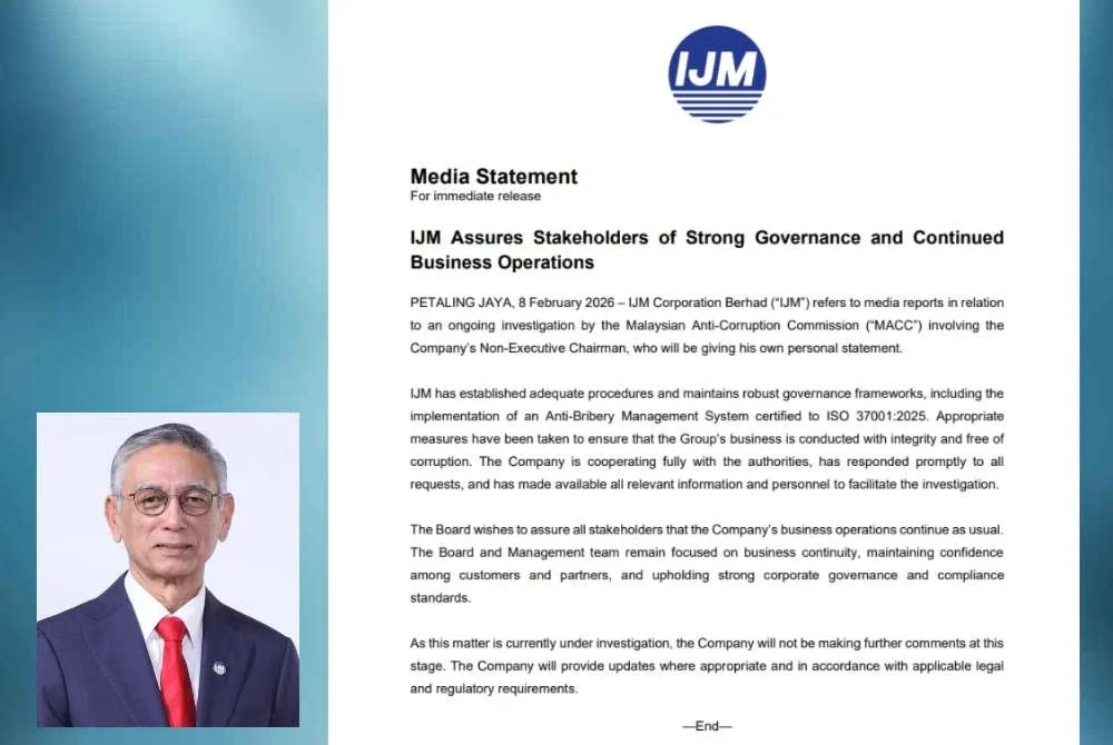 Kenyataan dikeluarkan IJM pada Ahad turut memberikan jaminan kepada pihak berkepentingan bahawa operasi peniagaan mereka tidak terjejas susulan siasatan yang sedang dijalankan. Gambar kecil: Krishnan 