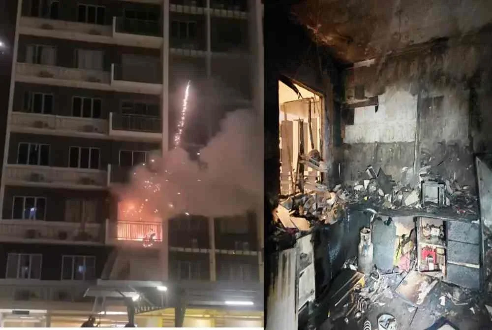 Keadaan kebakaran sebuah unit pangsapuri di sini pada Ahad.