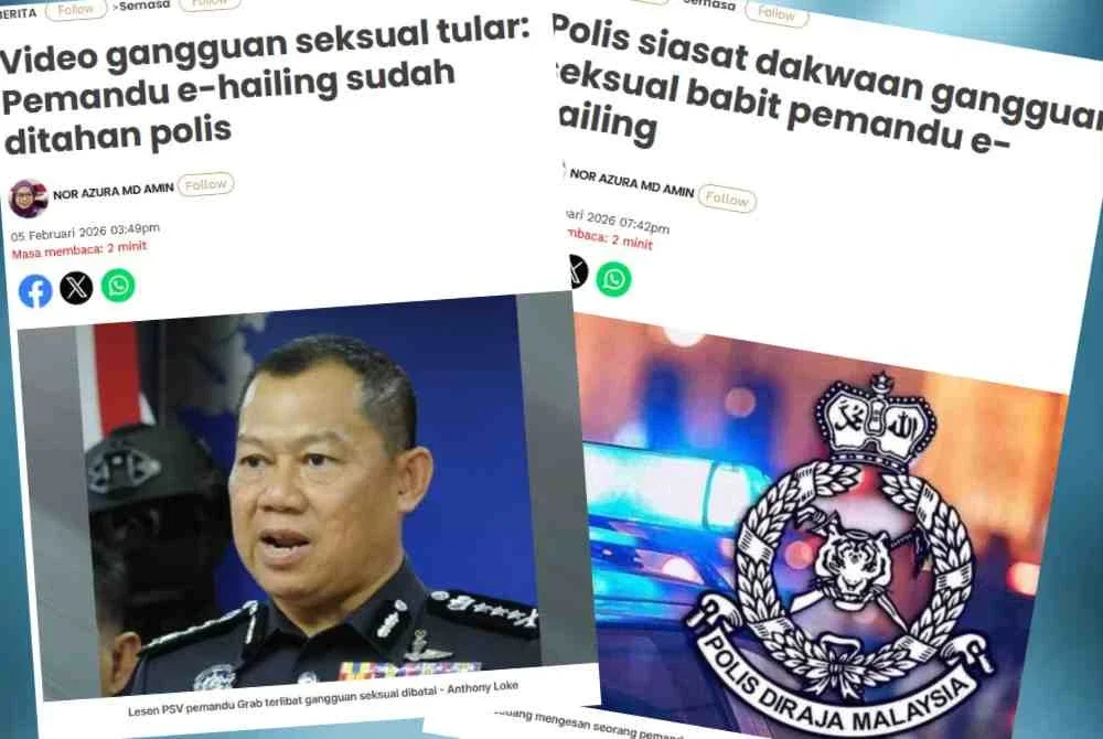 Laporan Sinar Harian mengenai kes pemandu e-hailing melakukan gangguan seksual terhadap seorang penumpang wanita.