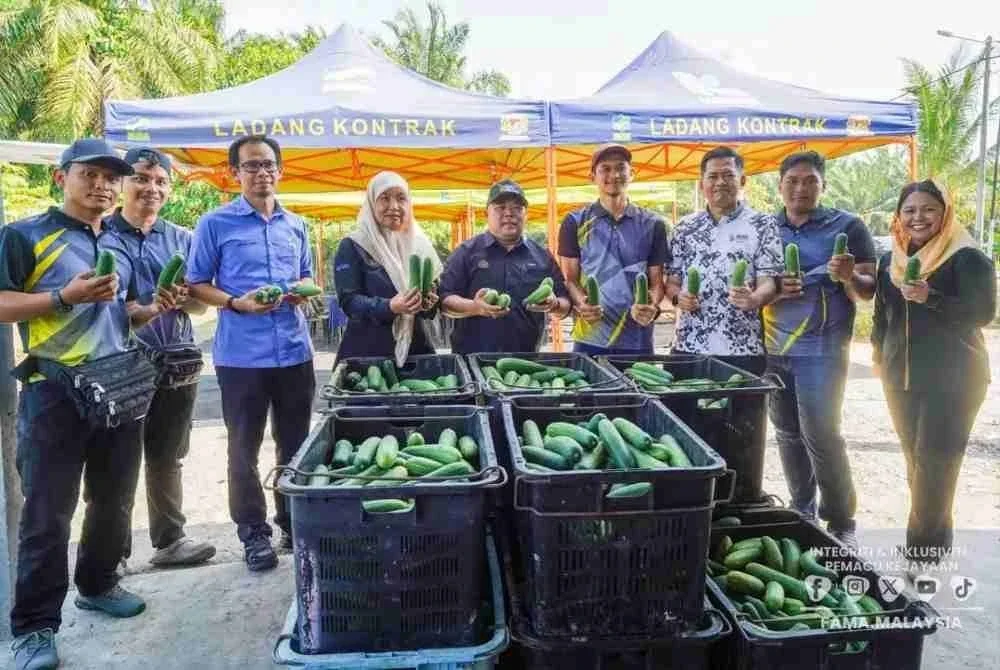 Faisal Iswardi (lima dari kanan) bergambar semasa berkunjung ke kebun timun milik Mohamad Khairul.