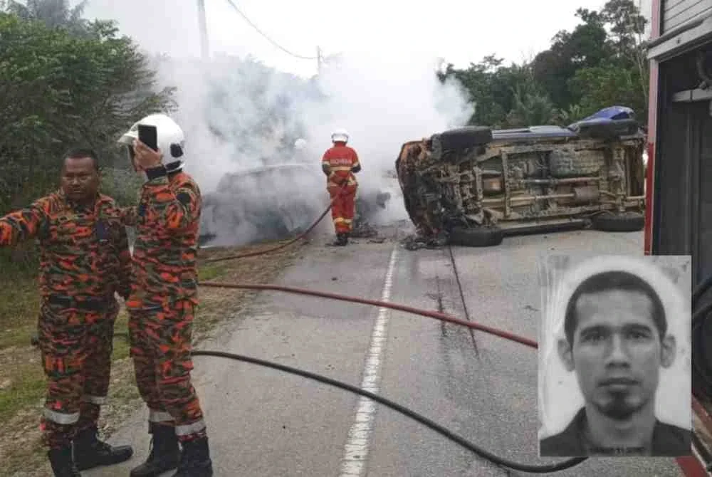 Keadaan Perodua Axia dinaiki Mohd Junaidi (gambar kecil) yang terbakar dalam nahas membabitkan tiga kenderaan di di Kilometer 13, Jalan Paka–Bandar Al Muktafi Billah Shah, berhampiran Bandar Ketengah Jaya, di Dungun pada Selasa.
