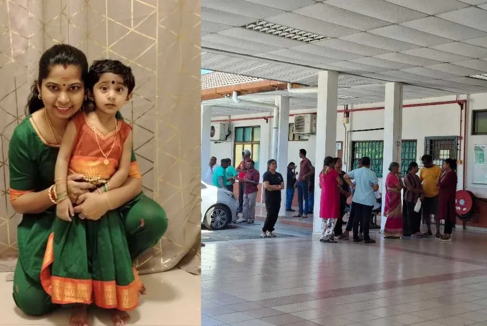 Ahli keluarga dan kenalan mendiang hadir ke Unit Forensik Hospital Batu Gajah pada Selasa bagi menunggu proses bedah siasat selesai. - Gambar kiri, Sarala Devi dan anaknya, Shaastikka.