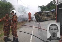 Keadaan Perodua Axia dinaiki Mohd Junaidi (gambar kecil) yang terbakar dalam nahas membabitkan tiga kenderaan di di Kilometer 13, Jalan Paka–Bandar Al Muktafi Billah Shah, berhampiran Bandar Ketengah Jaya, di Dungun pada Selasa.