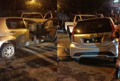 Keadaan Perodua Myvi dinaiki tiga sekeluarga yang maut bertembung sebuah pacuan empat roda di Kampung Batu 1, Jalan Tanjung Tualang di sini pada malam Isnin.