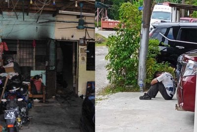 Irfan tidak dapat menahan kesedihan ketika berada di hadapan rumahnya terbakar di Taman Damai Jaya, Skudai pada Selasa.