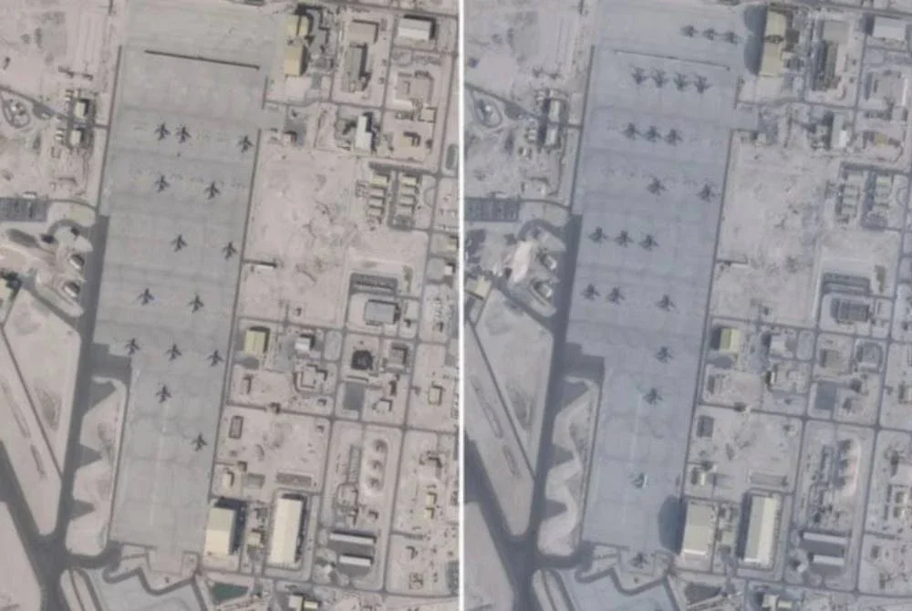 Perbandingan imej satelit pada Januari dan Februari menunjukkan peningkatan jumlah pesawat dan peralatan ketenteraan lain di pangkalan tentera udara al-Udeid di Qatar.
