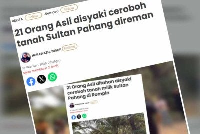 Laporan Sinar Harian berhubung penahanan 21 Orang Asli bagi membantu siasatan pencerobohan tanah milik Sultan Pahang di Kampung Jemeri. 
