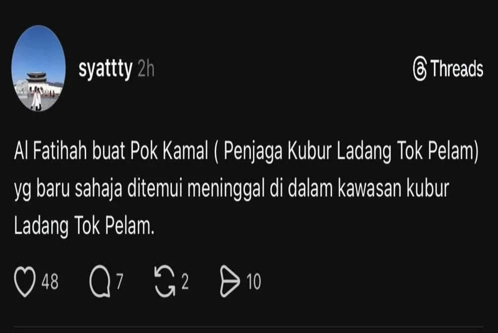 Tular di laman sosial berita kematian Pok Kamal yang ditemui meninggal dunia di kawasan perkuburan Tanah Perkuburan Islam Kampung Ladang Tok Pelam.