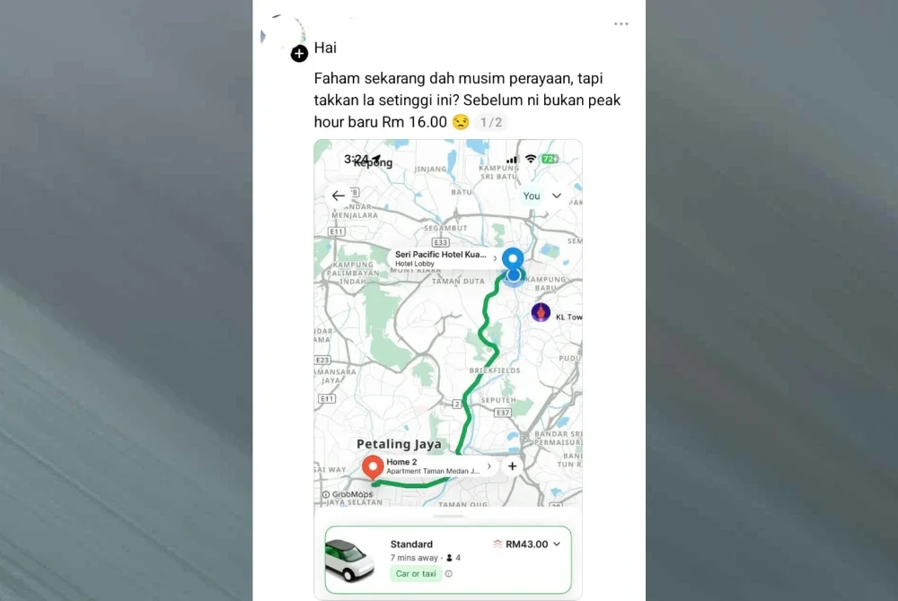 Tangkap layar tentang tambang e-hailing yang didakwa melambung tular di Threads.