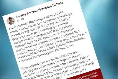 Tangkap layar hantaran Awang Sariyan di laman Facebooknya pada Rabu