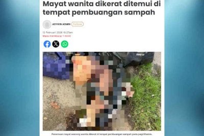 Laporan Sinar Harian mengenai penemuan mayat seorang wanita dikerat dalam kejadian di tempat pembuangan sampah kira-kira jam 7 pagi.