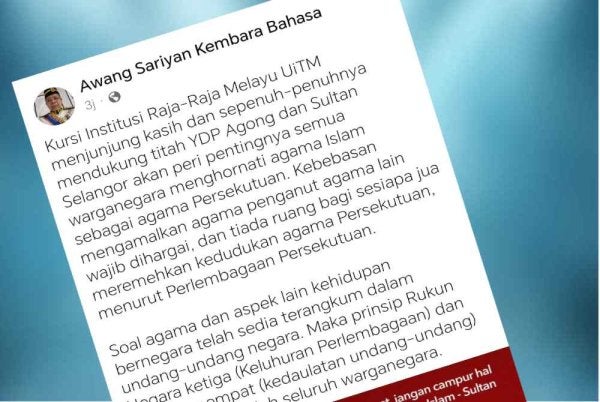 Tangkap layar hantaran Awang Sariyan di laman Facebooknya pada Rabu