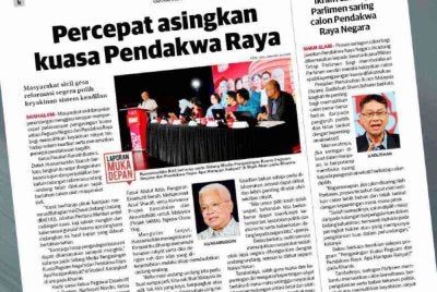 Laporan Sinar Harian berhubung gesaan terhadap kerajaan bagi mempercepatkan pelaksanaan pengasingan kuasa antara Peguam Negara dan Pendakwa Raya. 