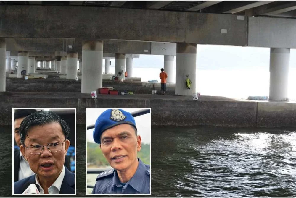 Aktiviti memancing di bawah Jambatan Pulau Pinang. Gambar kecil: Chow Kon Yeow (kiri) dan Rusley