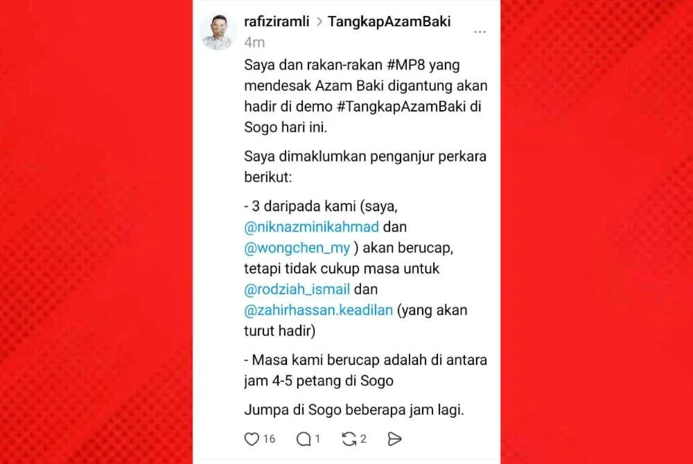 Hantaran dibuat Rafizi mengesahkan kehadirannya dalam himpunan pada Ahad.