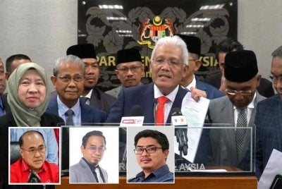 Hamzah (tengah) memberi penerangan pada sidang akhbar di Bangunan Parlimen pada Selasa. Gambar kecil: Fatt Full (kiri), Mohd Hamdan dan Fathul Huzir 
