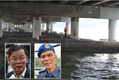 Aktiviti memancing di bawah Jambatan Pulau Pinang. Gambar kecil: Chow Kon Yeow (kiri) dan Rusley