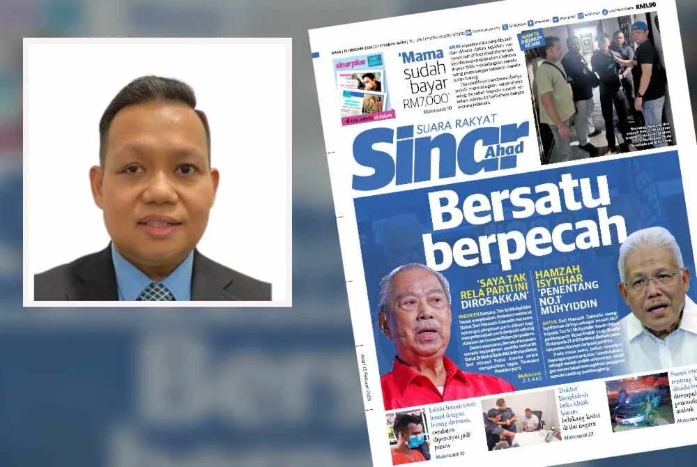 Laporan muka depan Sinar Harian mengenai krisis Bersatu. Gambar kecil: Mujibu