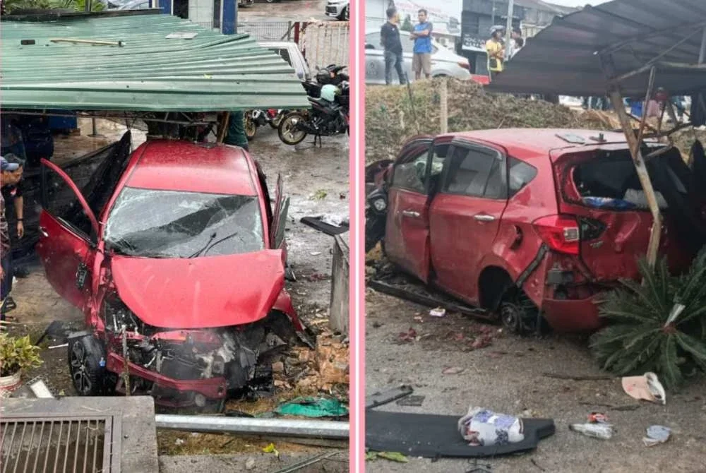 Keadaan kereta Myvi selepas dirempuh sebuah Tesla di Jalan Tengku Ismail pada Ahad. Foto Polis Temerloh
