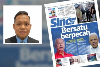 Laporan muka depan Sinar Harian mengenai krisis Bersatu. Gambar kecil: Mujibu