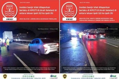 Banjir kilat berlaku di Kilometer 271.8 menyebabkan lorong kiri dan lorong kecemasan arah selatan terhalang. Foto Facebook PLUS Malaysia 