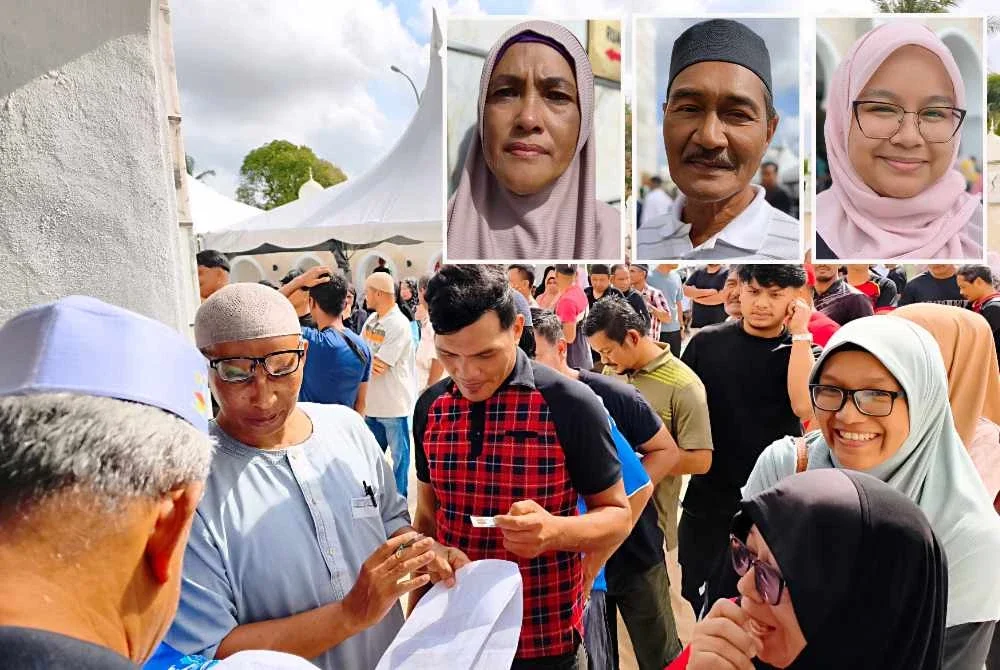 Penerima beratur menunggu giliran untuk menerima bakul makanan pada Majlis Agihan Zakat Asnaf di Masjid Imanul Faizin, Kota Bharu pada Isnin. - Gambar kecil: (Dari kiri) Siti Nor, Azmi dan Alya