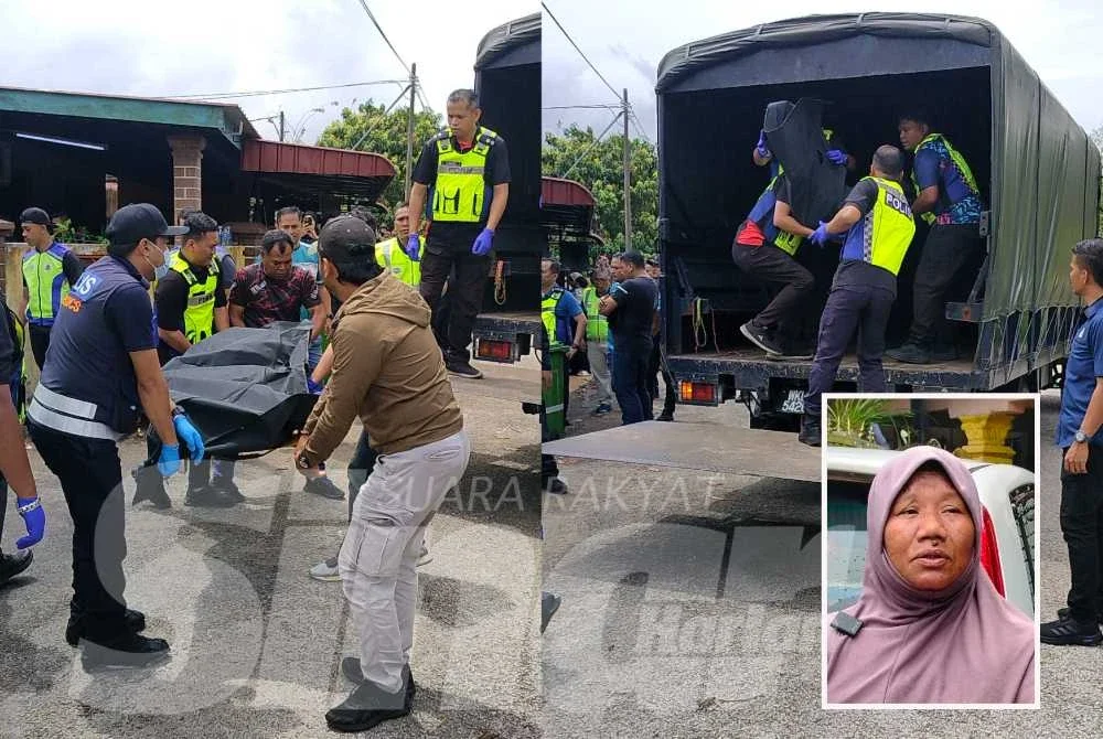 Mayat salah seorang mangsa diangkat ke dalam kenderaan polis untuk dibawa ke hospital untuk proses bedah siasat. - Gambar kecil (Saripah Jaya)