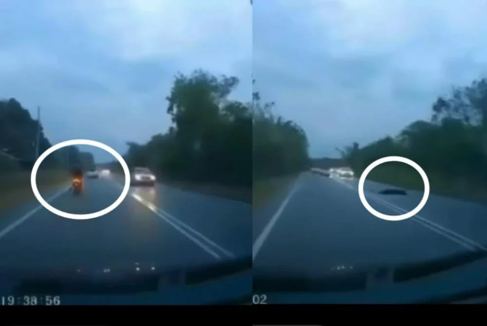 Tangkap layar video yang menunjukkan mangsa terjatuh dan dipercayai terlanggar sebuah kenderaan dari arah hadapan.