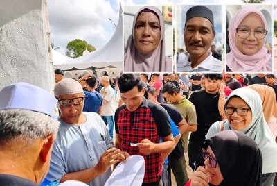 Penerima beratur menunggu giliran untuk menerima bakul makanan pada Majlis Agihan Zakat Asnaf di Masjid Imanul Faizin, Kota Bharu pada Isnin. - Gambar kecil: (Dari kiri) Siti Nor, Azmi dan Alya