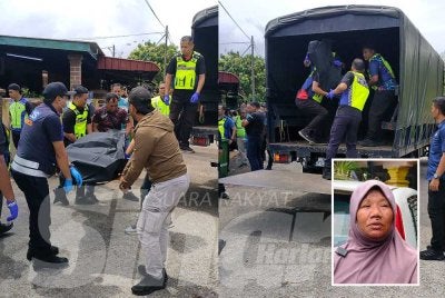 Mayat salah seorang mangsa diangkat ke dalam kenderaan polis untuk dibawa ke hospital untuk proses bedah siasat. - Gambar kecil (Saripah Jaya)