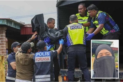 Polis membawa keluar lima mayat mangsa dalam kejadian bunuh di sebuah rumah di Lorong Cherating Damai di sini, hari ini. - Foto: Bernama - Gambar kecil (Nurul Zahidah)