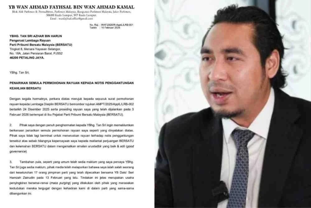 Surat yang dikongsi Wan Ahmad Fayhsal di laman Facebook beliau pada Rabu.