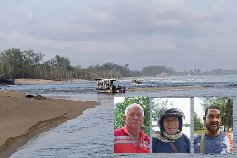 Keadaan muara Sungai Merang yang cetek menyukarkan bot keluar masuk melalui kawasan itu.. Dari kiri: Madan, Muhamid, Muhammad Kamal
