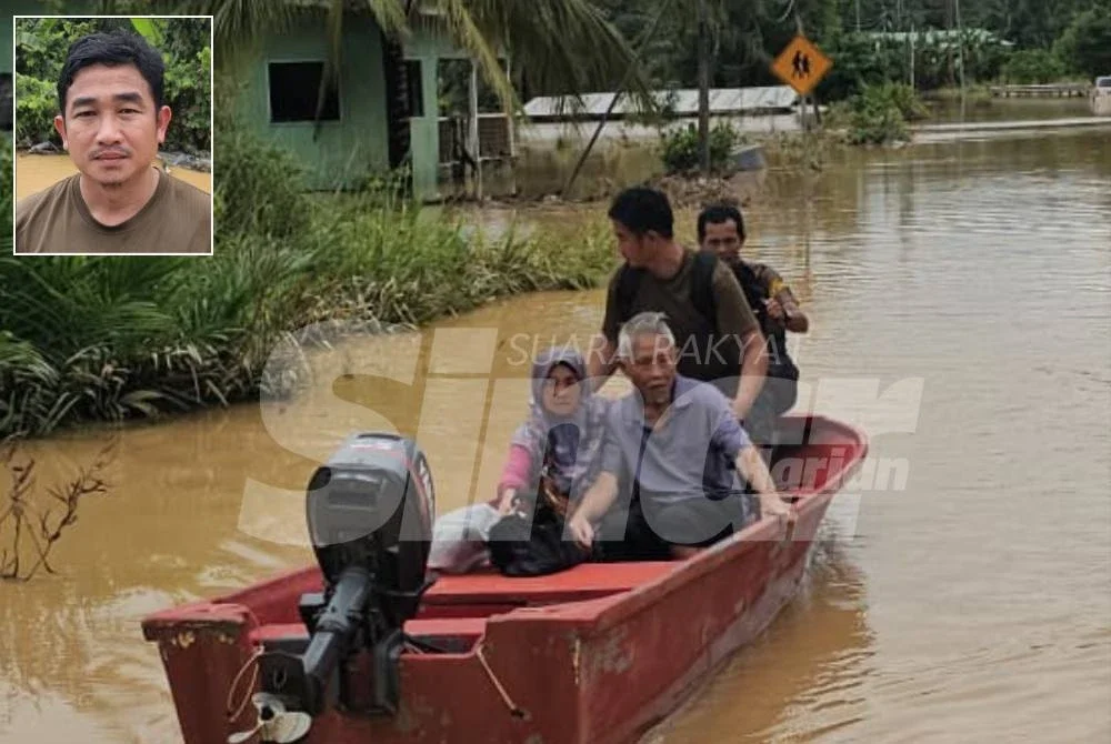 Zulfikar (gambar kecil) mendapatkan bantuan pasukan penyelamat untuk membawa bapanya keluar dari kampung ke hospital.
