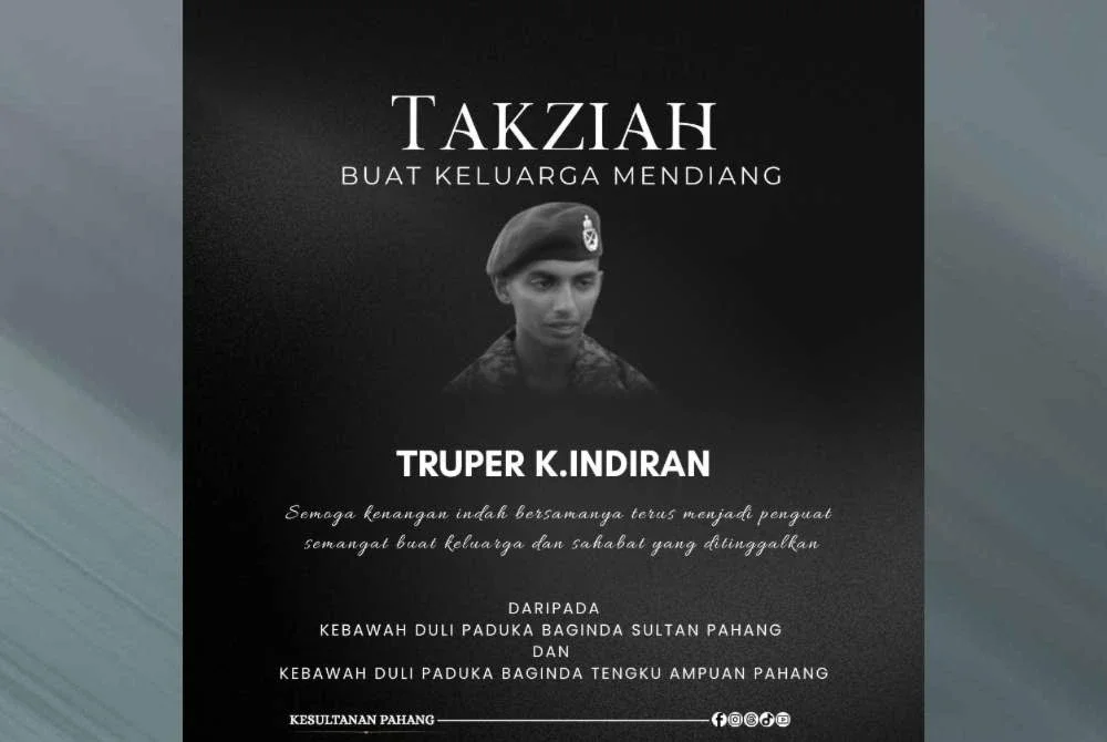 Sultan Pahang dan Tengku Ampuan Pahang menyampaikan ucapan takziah atas pemergian Indiran. Foto FB Kesultanan Pahang
