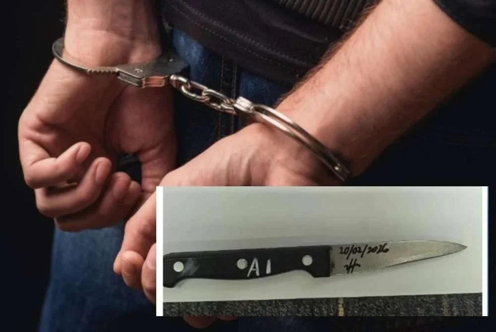 Suspek yang merupakan lelaki tempatan berusia lewat 20-an itu ditahan polis. Gambar kecil: Pisau yabg dipercayai digunakan suspek.