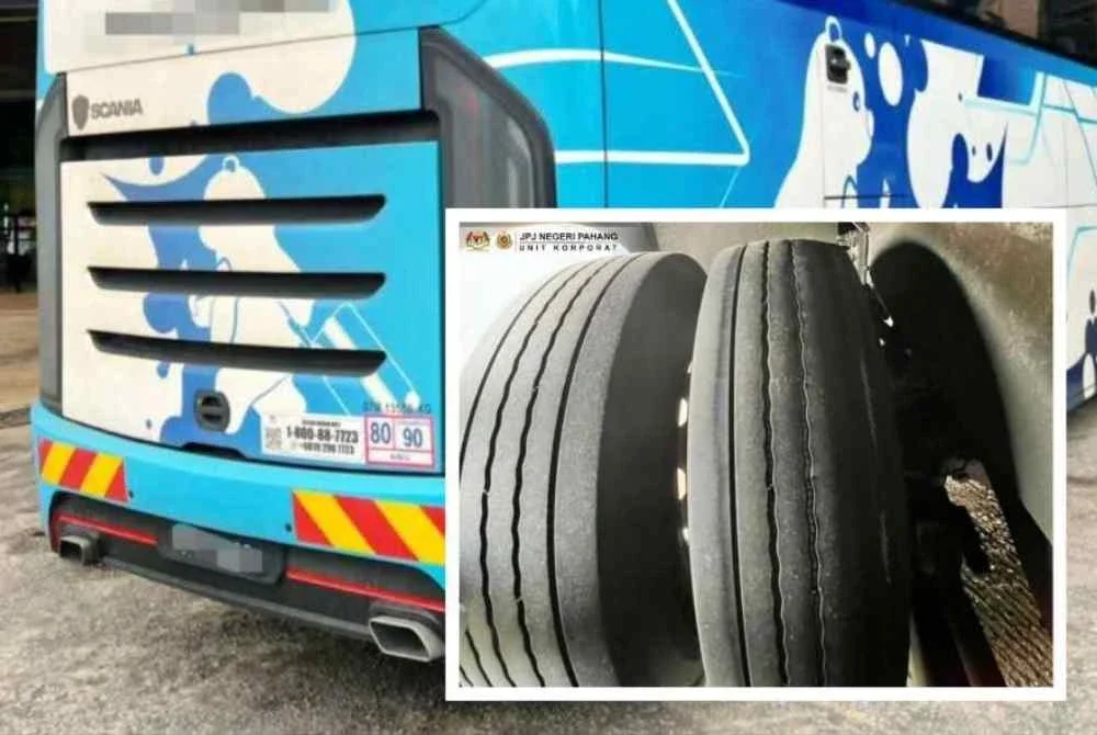 Sebuah bas ekspres disekat perjalanan selepas dikesan gagal menyelenggara tayar kenderaan dengan baik. Foto FB JPJ Pahang